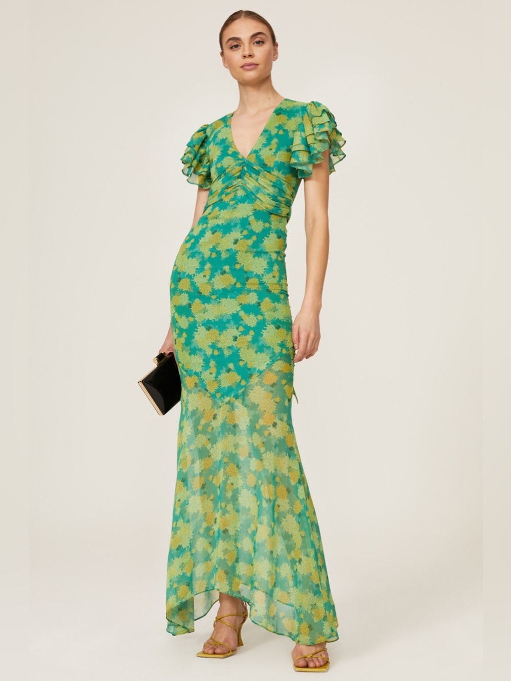 Green Floral Palmera Maxi Dress with Flutter Sleeves by De La Vari